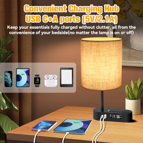 4-in-1 Touch Control Bedside Table Lamp with Bluetooth Speaker, Digital Clock, Dual Alarms, 3-Level Dimmable, USB C+A Charging Ports K13159