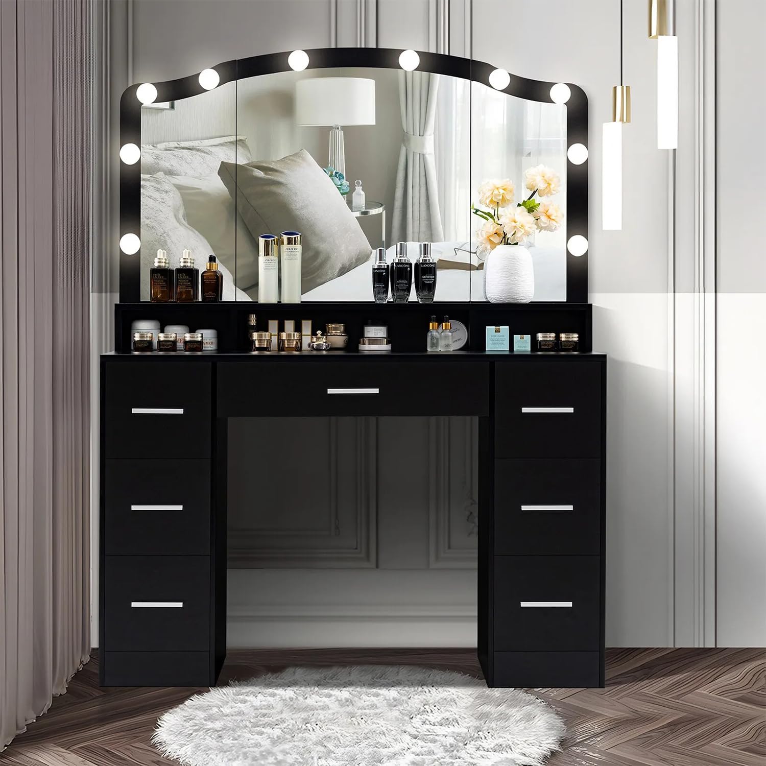 Black 43.3 inches Vanity Desk with Lighted Mirror 7 Drawers D30894
