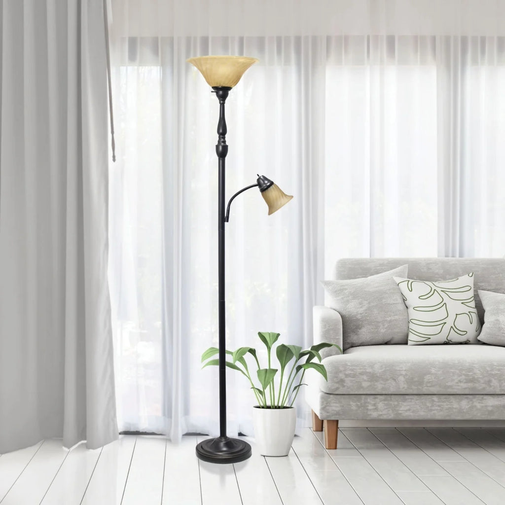 3 Light Floor Lamp with White Scalloped Glass Shades, Restoration Bronze B763
