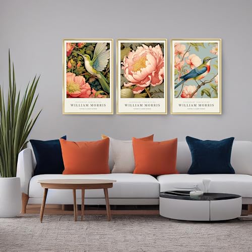 William Morris Wall Art set of 3 large Framed Vintage botanical Colorful Abstract Nature Flowers Canvas Art Gold Frame J263127