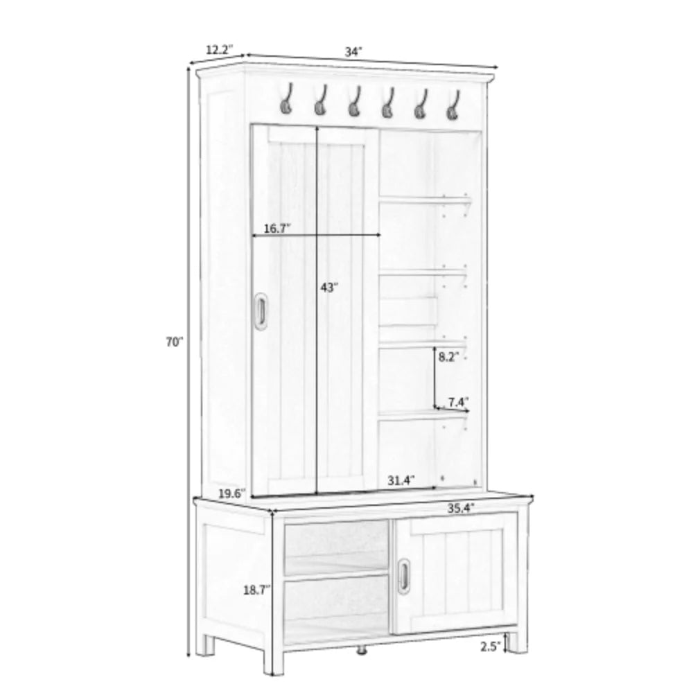 White Wooden Hall Tree with Sliding Doors and Storage Bench W631