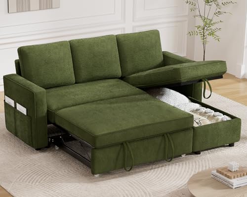 Green Chenille L Shaped Sleeper Sofa with Pull Out Bed O807