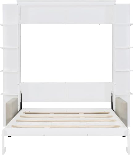 Queen Size Wood Murphy Bed with Storage Shelves and Sofa P72187