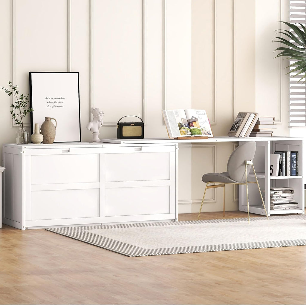 Queen Size White Murphy Bed with Rotating Desk D19369