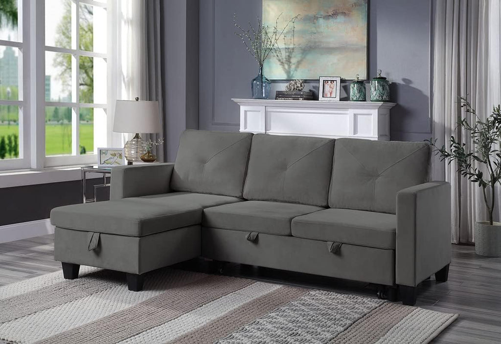 Dark Gray Velvet L-Shaped Reversible Corner Convertible Sectional Sofa with Pull Out Sleeper Couch Bed and Storage Chaise, 82.5" R6301