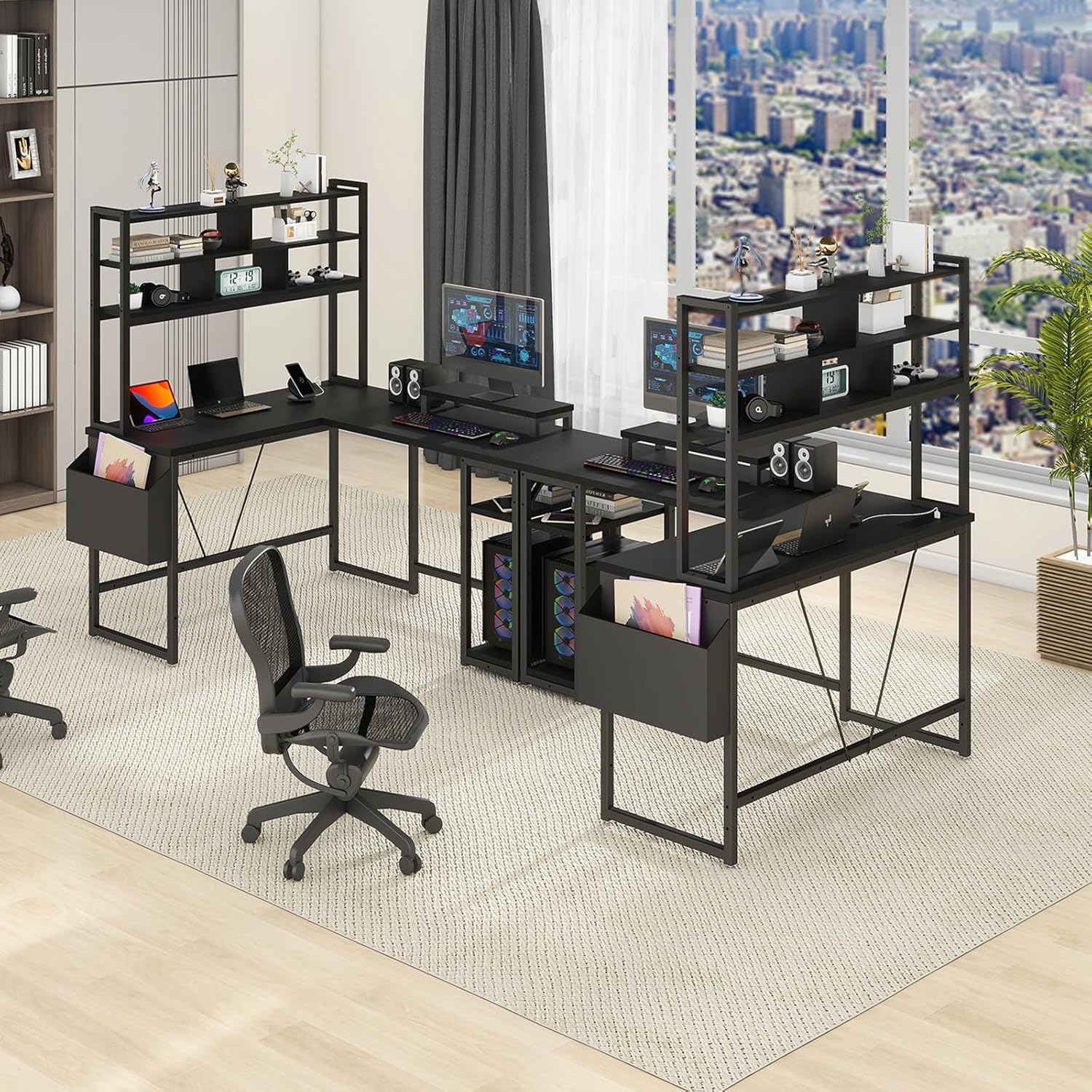 L Shaped Computer Desk with LED Lights and Power Outlets and USB Port S7697