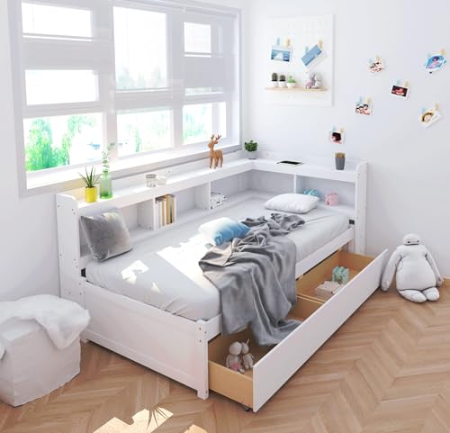 White Twin Size Wooden Bookcase Bed with Storage Drawers W98649