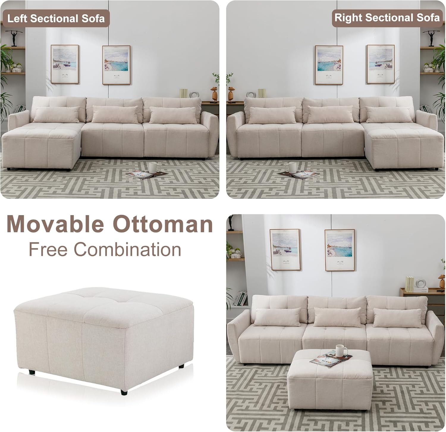 Beige Oversized 114" Convertible Sectional Sofa with Movable Ottoman C4916