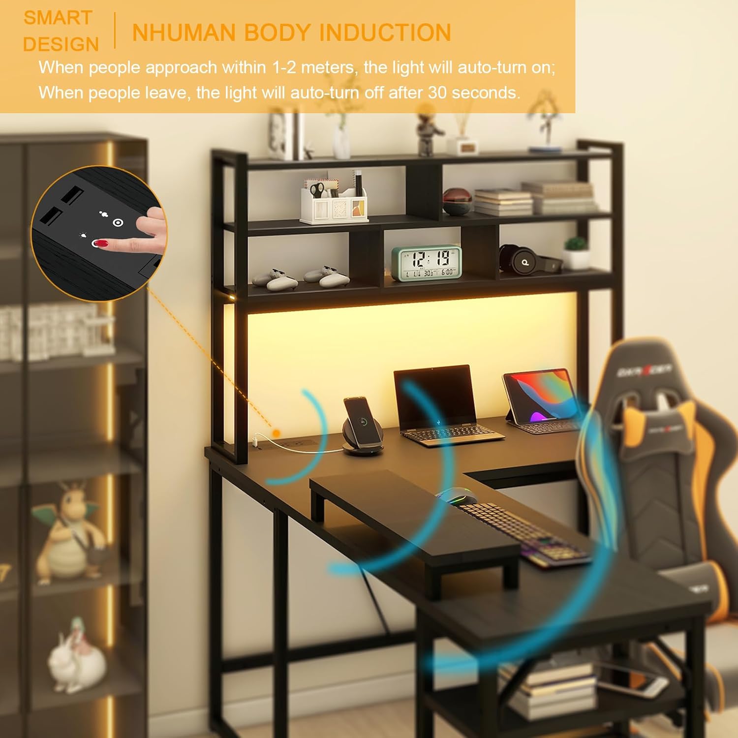 L Shaped Computer Desk with LED Lights and Power Outlets and USB Port S7697