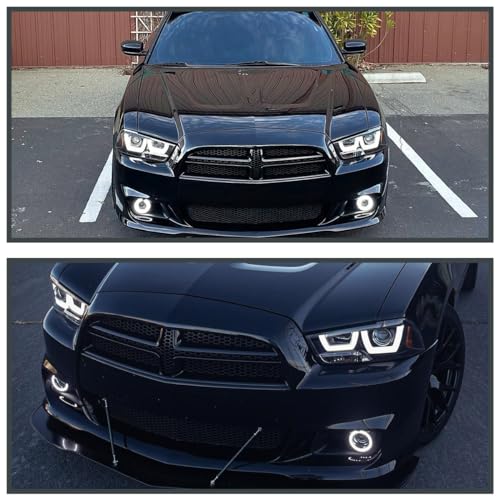 Chrome LED Dual Halo Projector Headlights for 2011-2014 Dodge Charger, Left + Right Pair Headlamps Assembly R80754