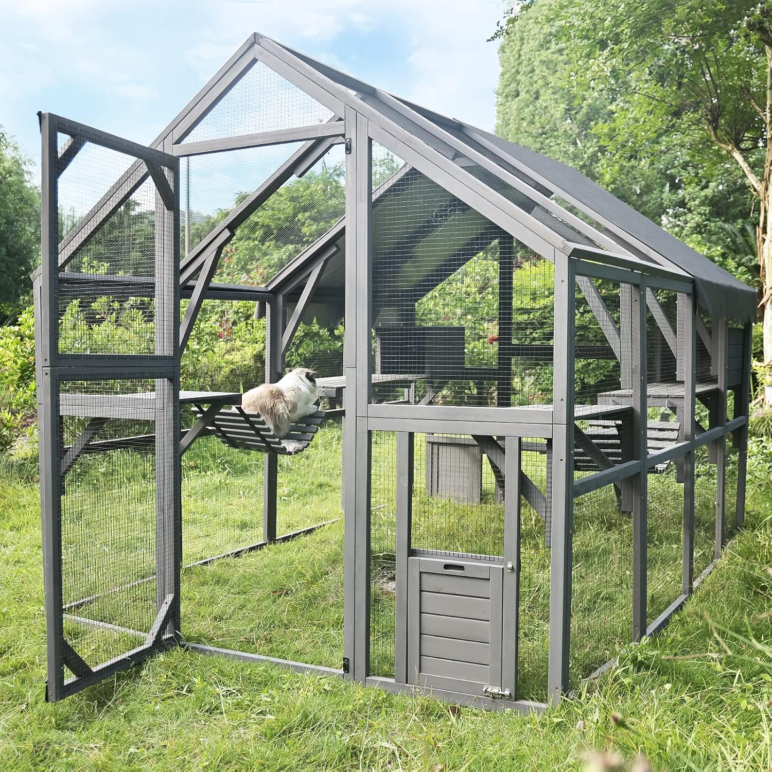 Large Cat House with Waterproof Roof Wooden Cat Enclosure I55217