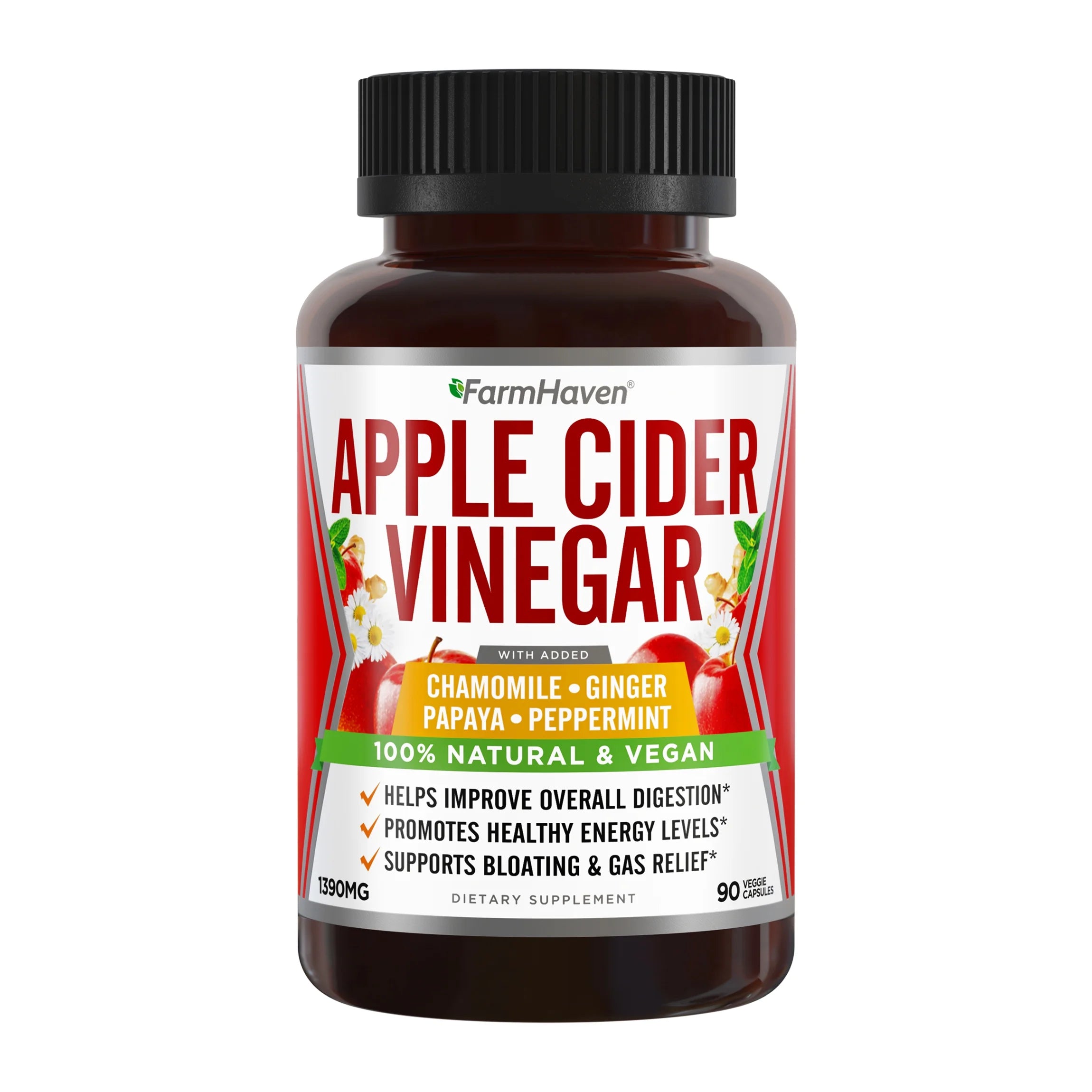 90 Capsules Apple Cider Vinegar Capsules with Ginger, Papaya & Chamomile U694