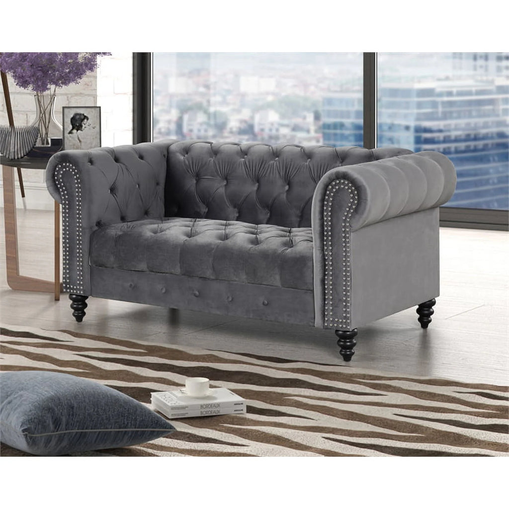 68" Button Tufted Velvet Fabric Loveseat Gray W8142