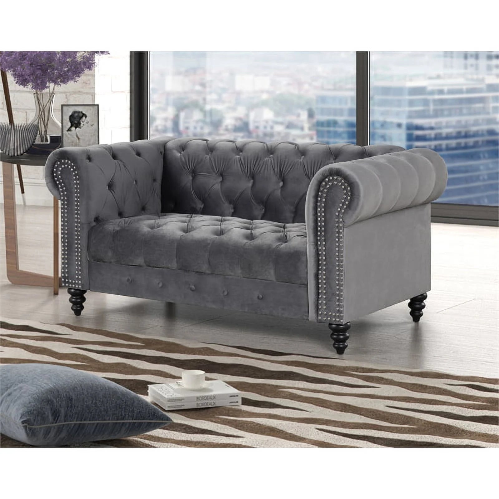68" Button Tufted Velvet Fabric Loveseat Gray W8142