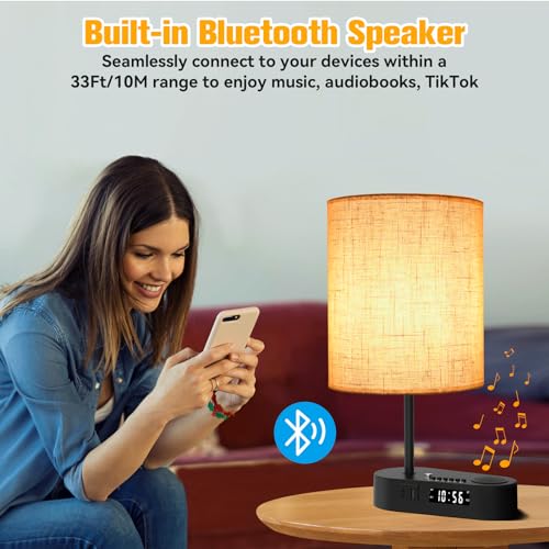 4-in-1 Touch Control Bedside Table Lamp with Bluetooth Speaker, Digital Clock, Dual Alarms, 3-Level Dimmable, USB C+A Charging Ports K13159