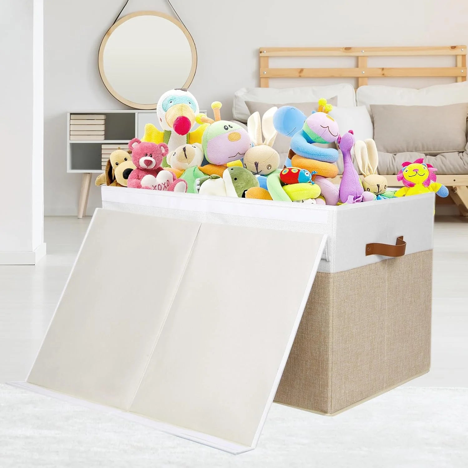 Extra Large Toy Storage Box with Lid, Beige and White R25814