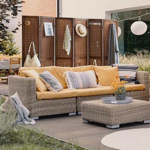 Natural Solid Wood 4 Panel Room Divider with Shelves and 16 Hooks G25804