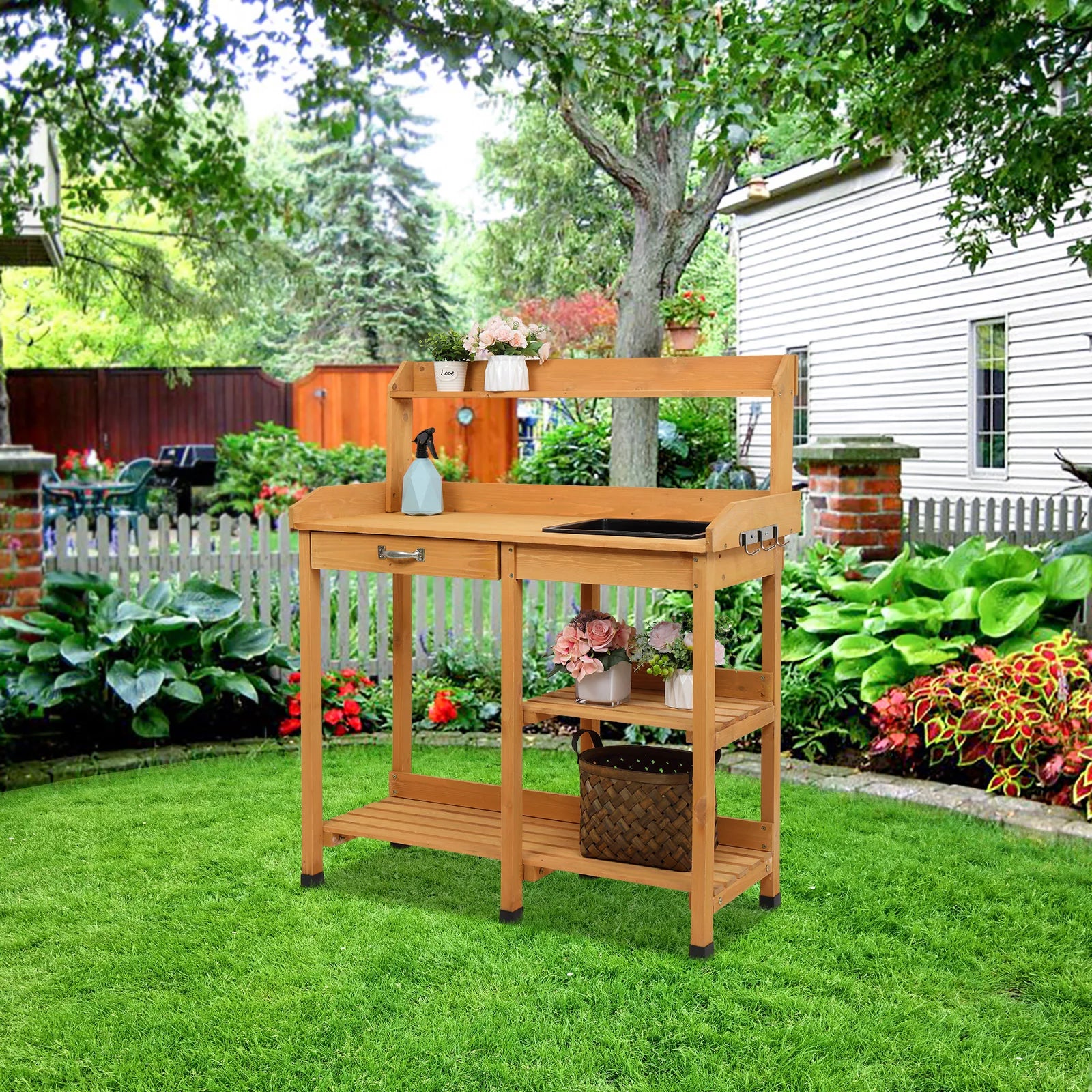 Natural Wooden Potting Bench with Sink and Storage Shelf X605