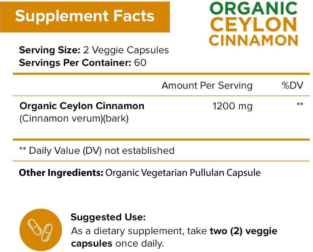 Organic Ceylon Cinnamon 1200mg per Serving, 120 Capsules F870