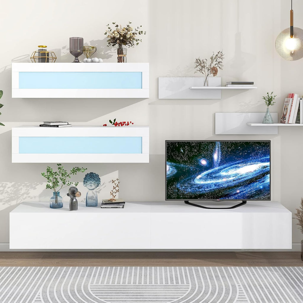 Wall Mount Floating Entertainment Center with 4 Storage Cabinets and 2 Shelves, High Gloss TV Stand J215309