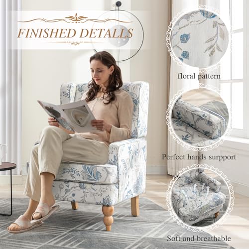 Blue Floral Upholstered Accent Chairs Set of 2 with Wood Legs W2158