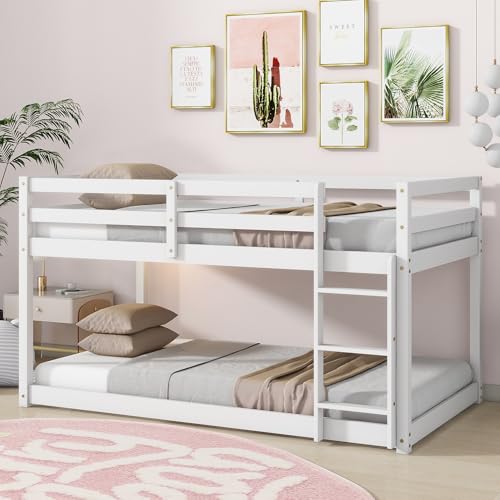 Twin Over Twin Wood Bunk Bed with Ladder Guardrails J34987