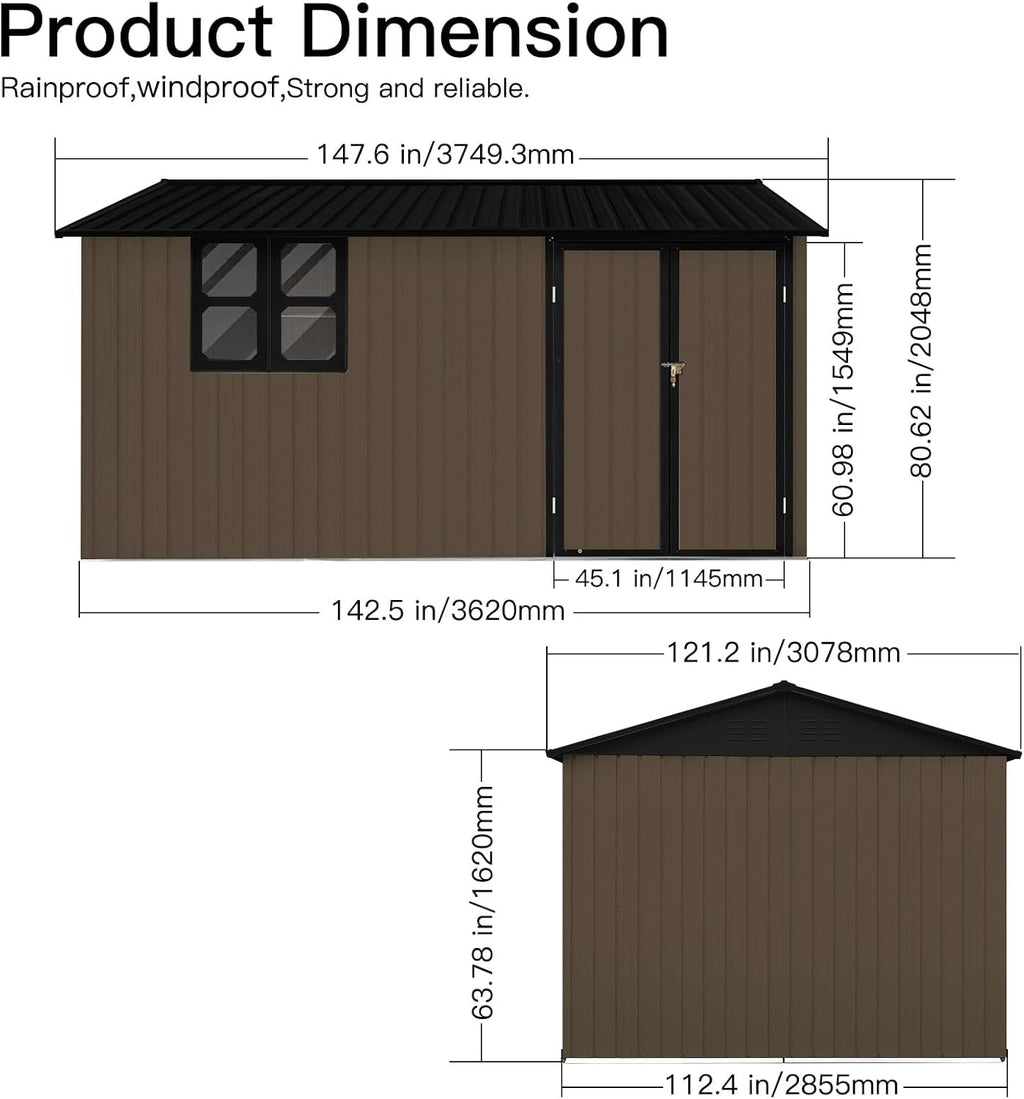 12x10 FT Metal Garden Shed Brown Z3742
