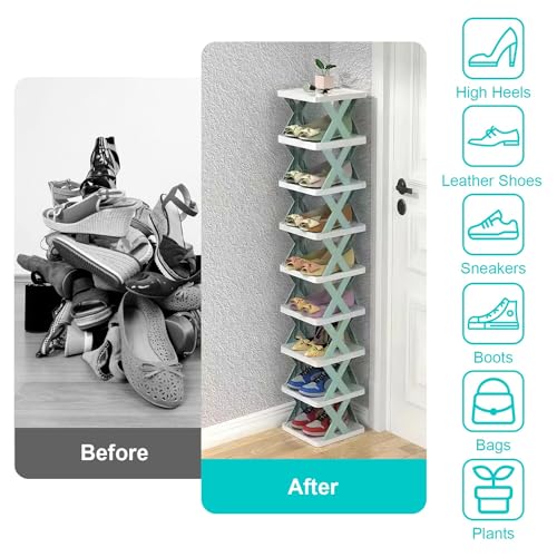 Green Plastic 9 Tier Narrow Shoe Rack S254974