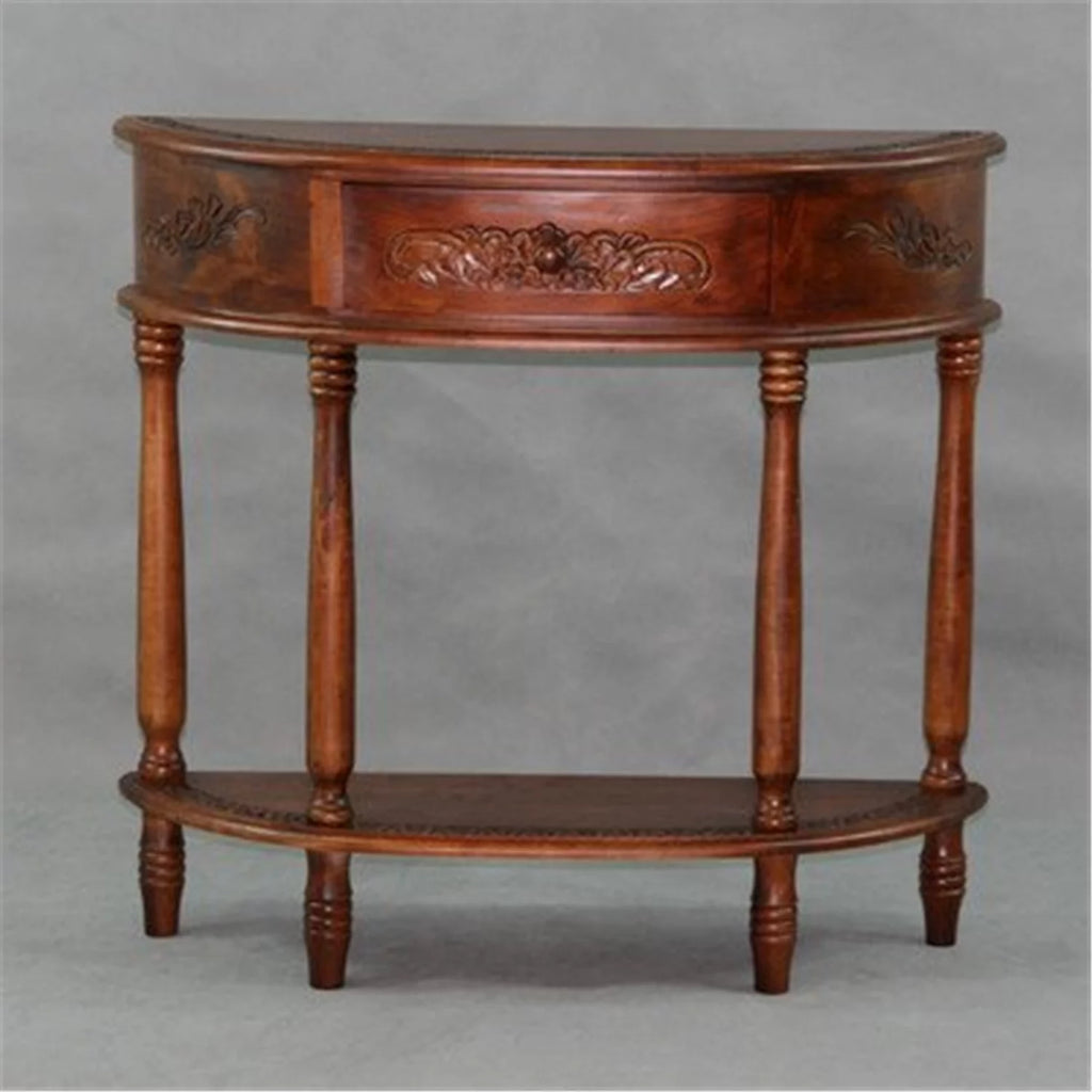 Walnut Carved Wood Half-moon Hall Table N79567