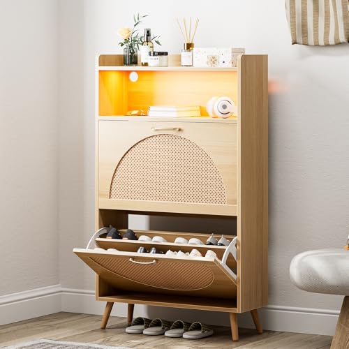 Natural LED Rattan Wood Shoe Storage Cabinet with 2 Flip Drawers W6869