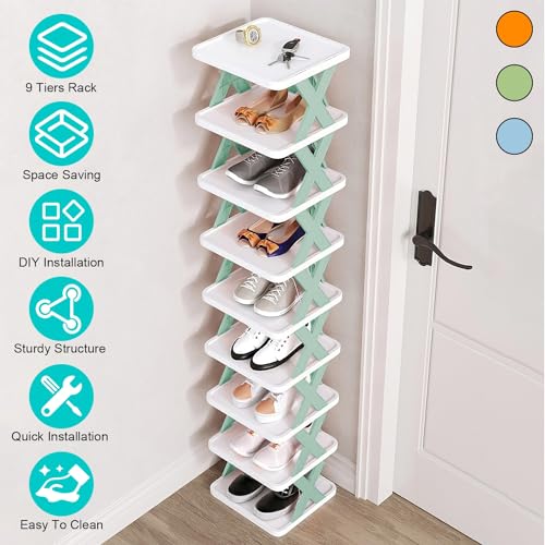 Green Plastic 9 Tier Narrow Shoe Rack S254974