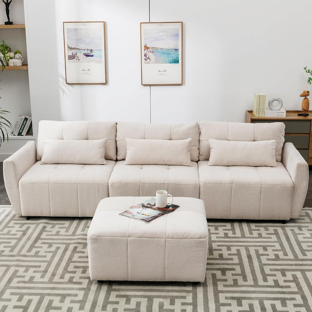 Beige Oversized 114" Convertible Sectional Sofa with Movable Ottoman C4916