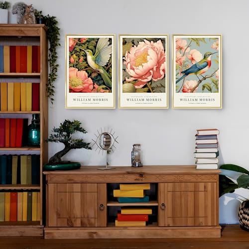 William Morris Wall Art set of 3 large Framed Vintage botanical Colorful Abstract Nature Flowers Canvas Art Gold Frame J263127