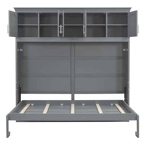 Full Size Murphy Bed with Built-in Wardrobe, 3 Drawers and 3 Open Shelves G7423