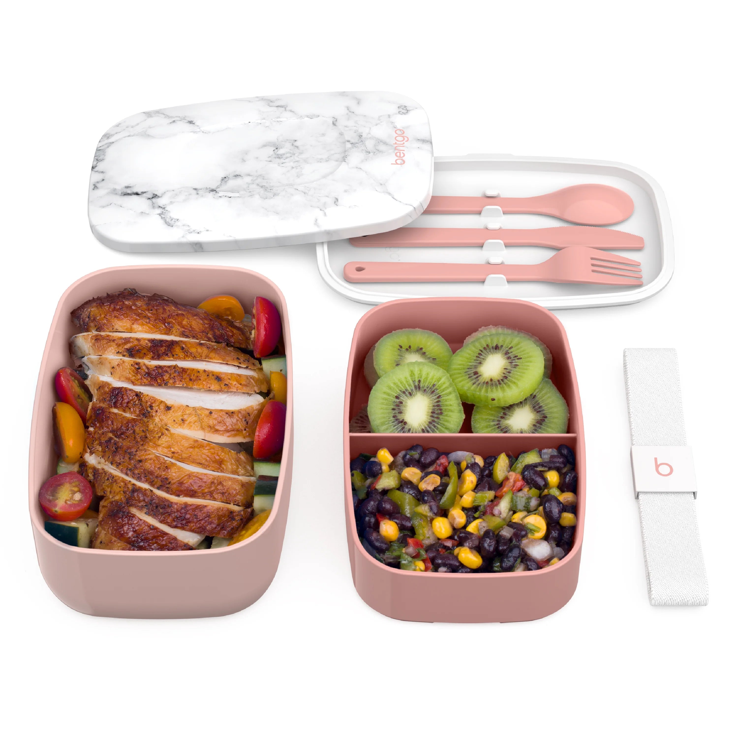 All-in-One Stackable Bento Lunch Box Container with 2 Stackable Containers, Plastic Utensil Set, and Nylon Sealing Strap P85256