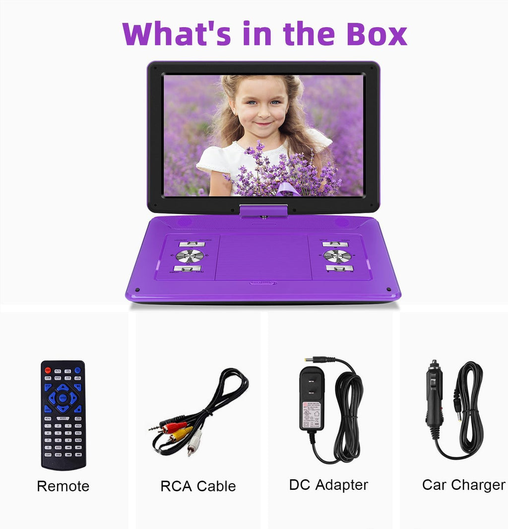 17.5" Portable DVD Player with 15.6" HD Screen, 6 Hours Rechargeable Battery, Purple E73310