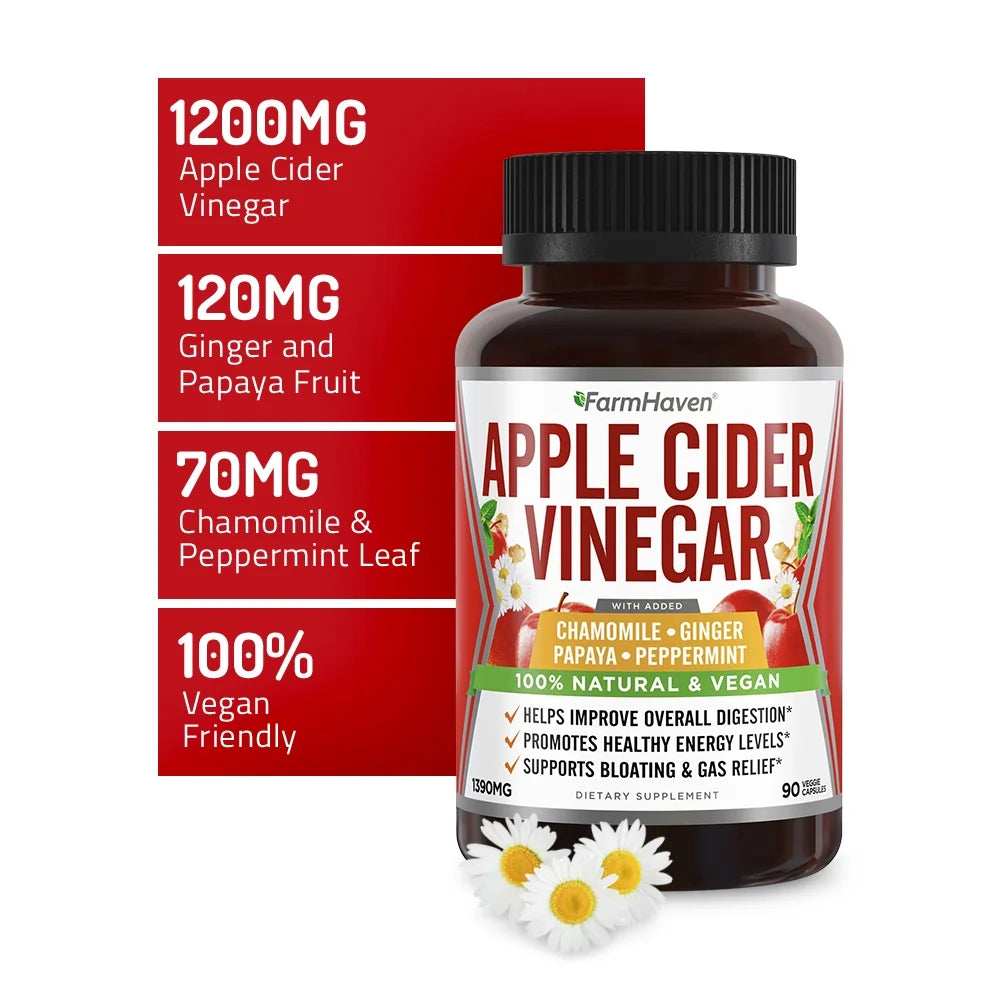 90 Capsules Apple Cider Vinegar Capsules with Ginger, Papaya & Chamomile U694