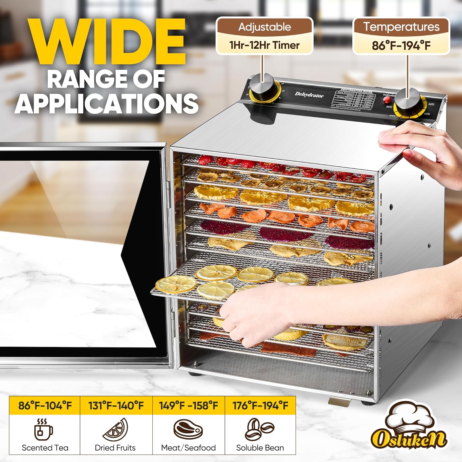 12 Stainless Steel Trays Food Dehydrator with Timer and Temperature Control H1290