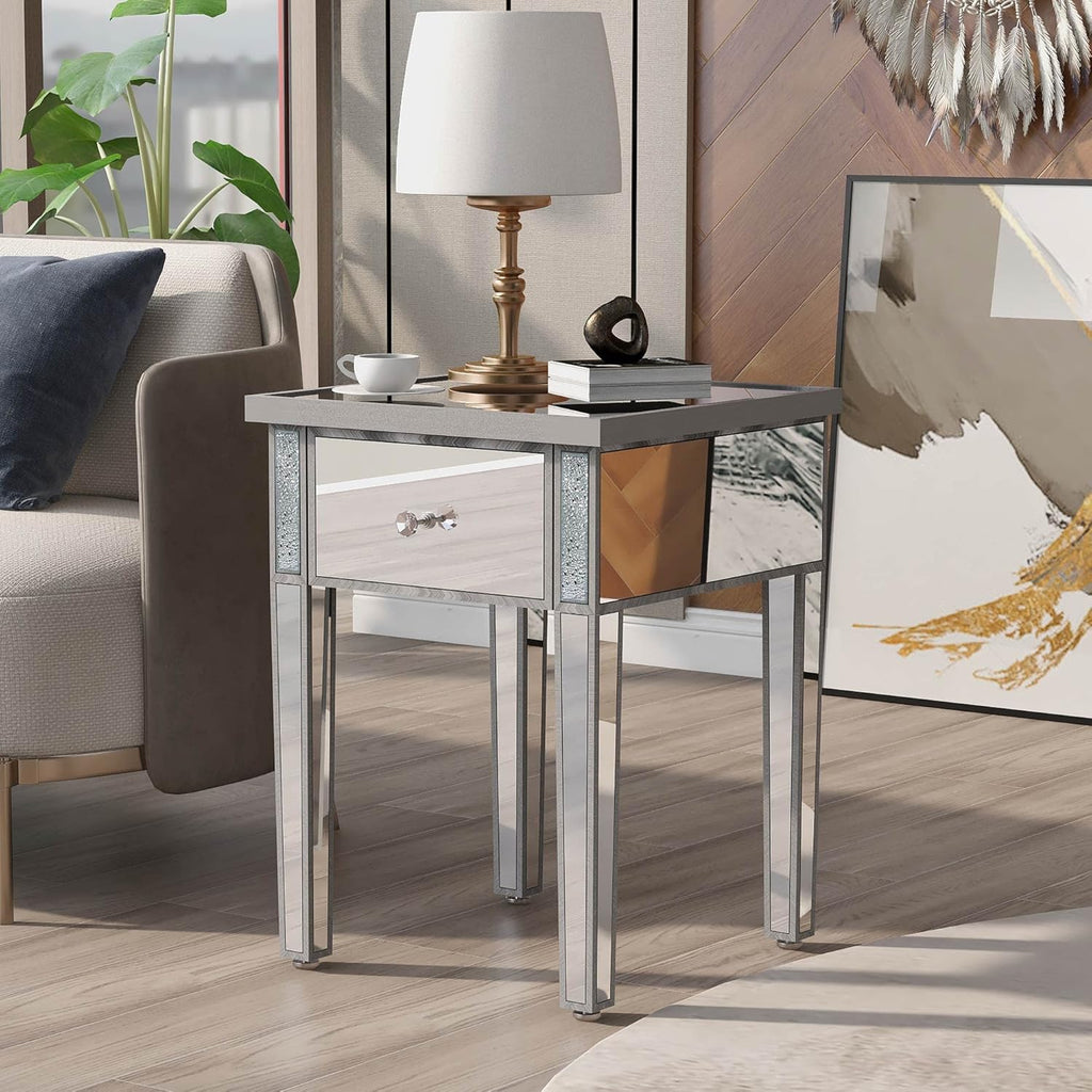 Silver Glass Mirrored End Table with Drawer M63592