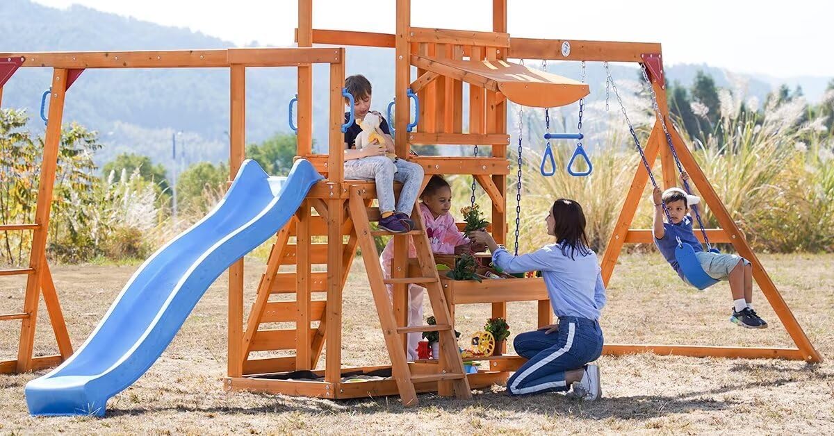 Wooden Playground Swing Sets with Monkey Bar, 8FT Wave Slide, 2 Belt Swings U817574