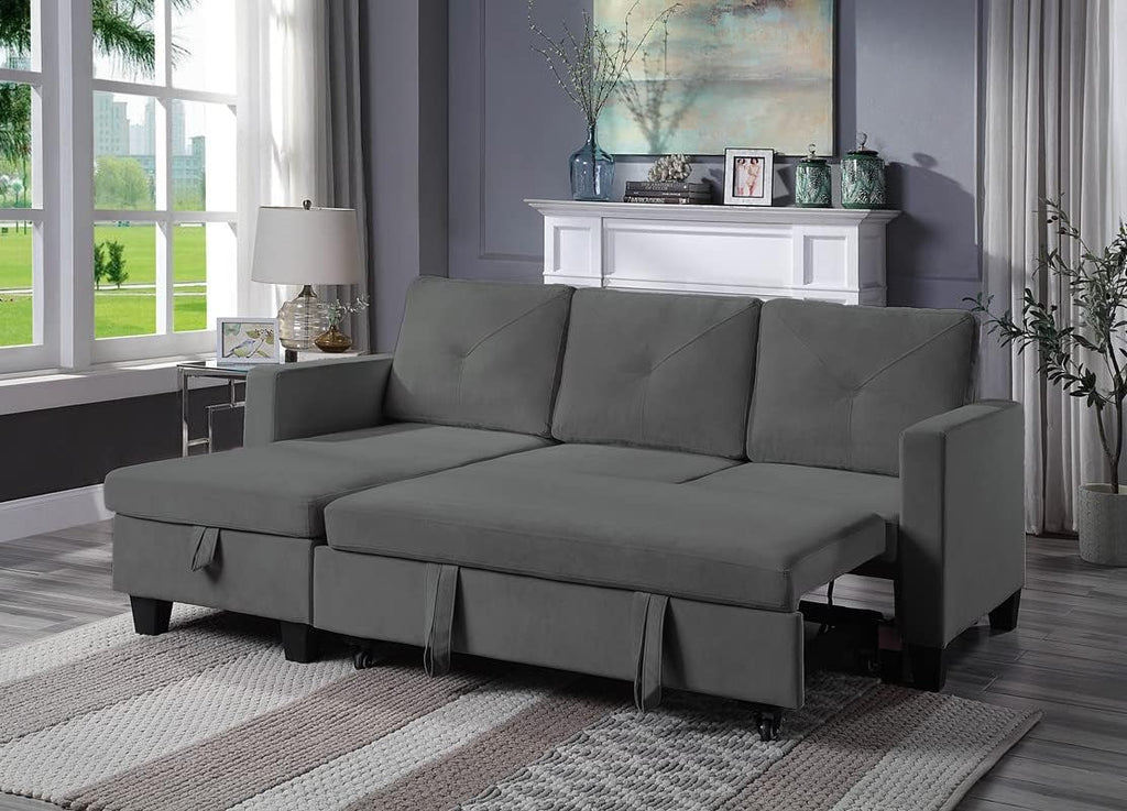 Dark Gray Velvet L-Shaped Reversible Corner Convertible Sectional Sofa with Pull Out Sleeper Couch Bed and Storage Chaise, 82.5" R6301