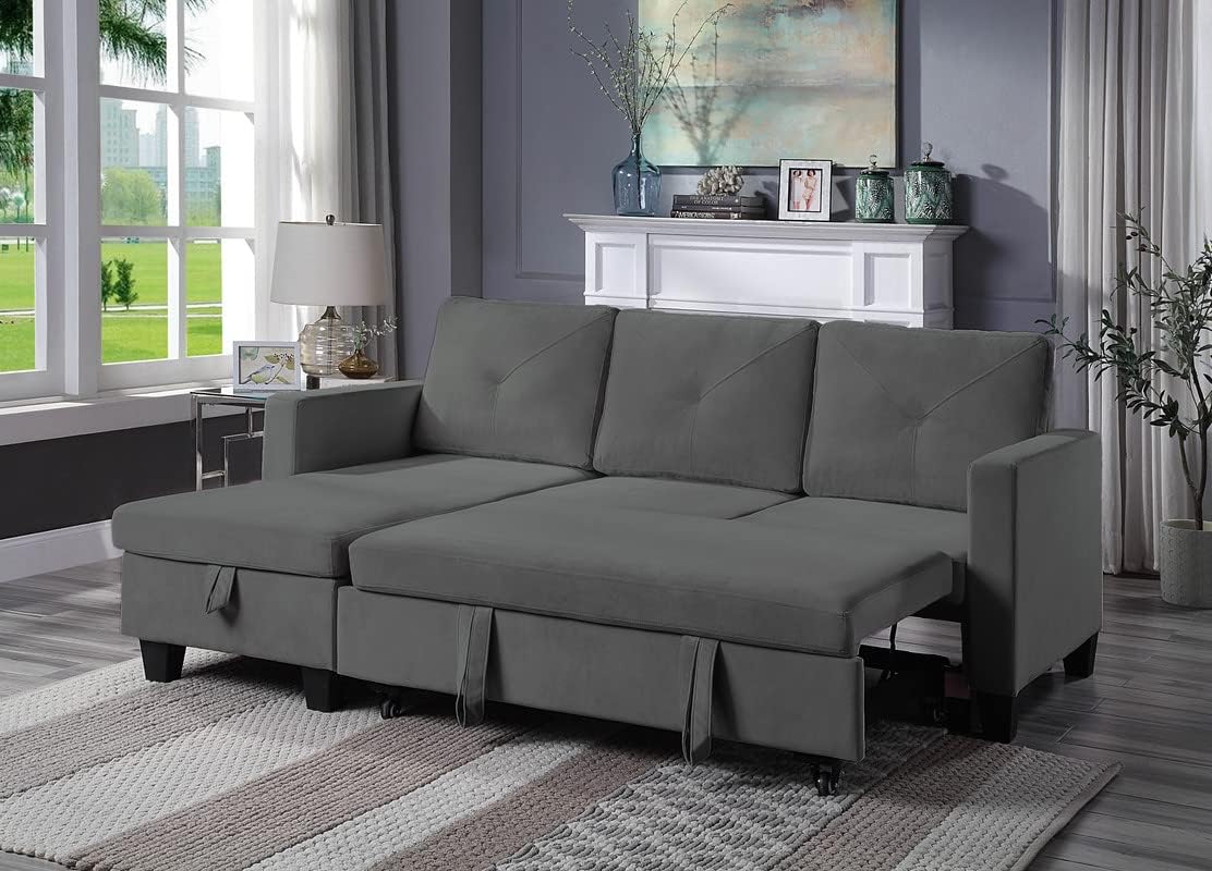 Dark Gray Velvet L-Shaped Reversible Corner Convertible Sectional Sofa with Pull Out Sleeper Couch Bed and Storage Chaise, 82.5" R6301
