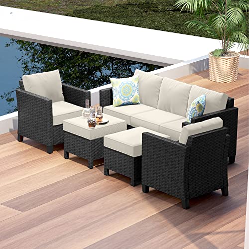 5 Piece Brown Wicker Patio Furniture Set with Beige Cushions B941578