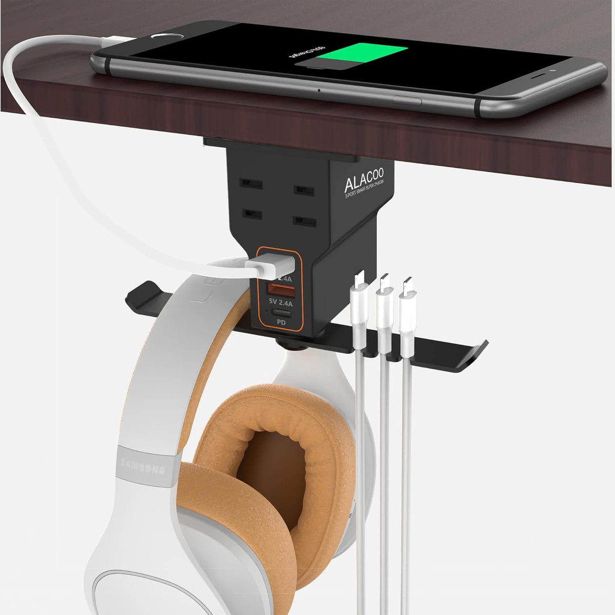 Headphone Stand with 2 USB A Charging Port AC Outlets Headset Hanger Charging Station X3997