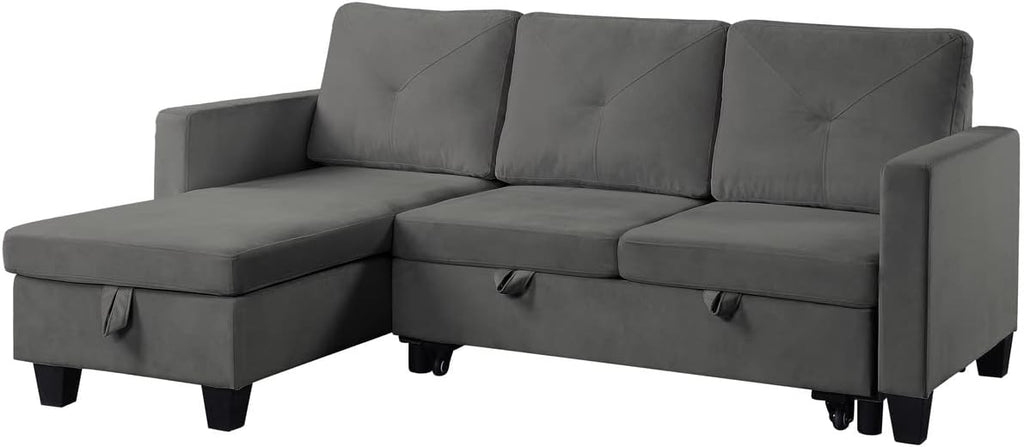 Dark Gray Velvet L-Shaped Reversible Corner Convertible Sectional Sofa with Pull Out Sleeper Couch Bed and Storage Chaise, 82.5" R6301