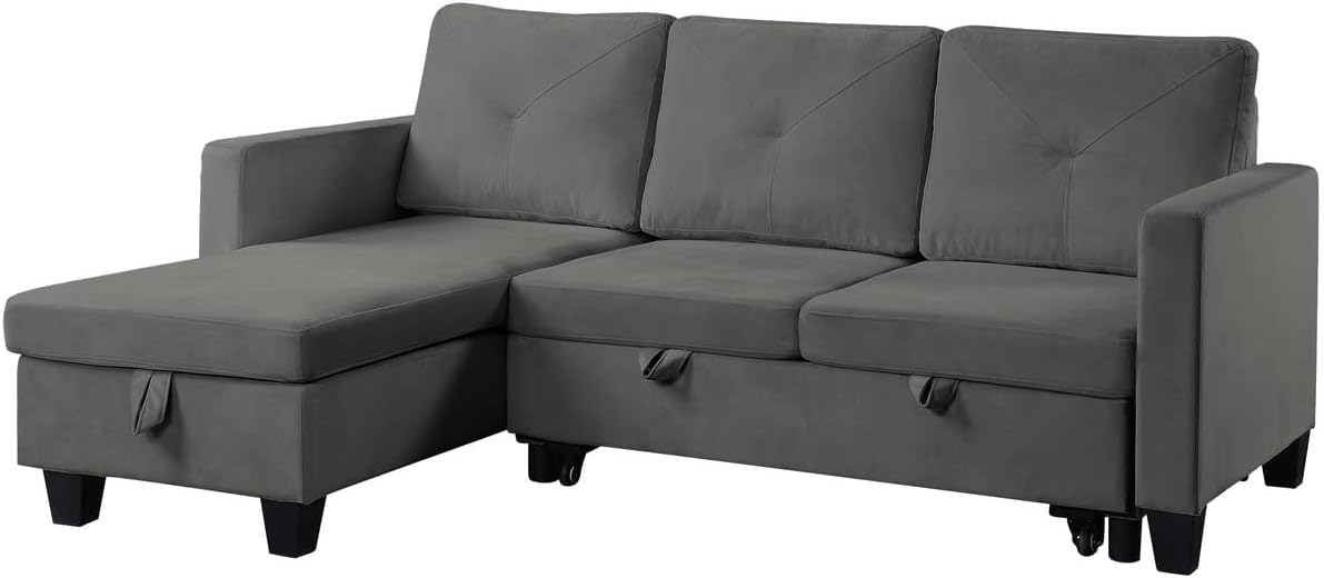 Dark Gray Velvet L-Shaped Reversible Corner Convertible Sectional Sofa with Pull Out Sleeper Couch Bed and Storage Chaise, 82.5" R6301