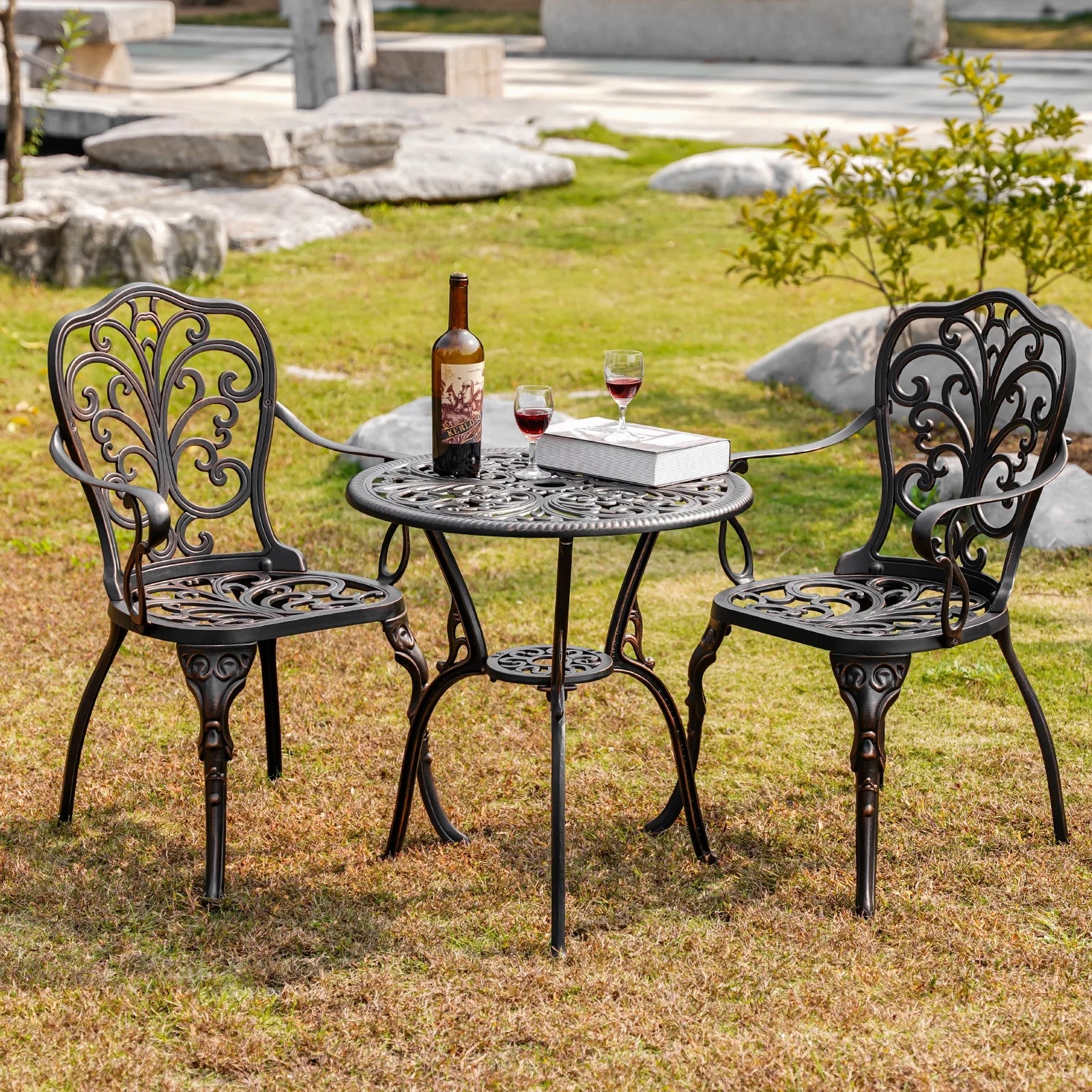 3-Piece Bistro Table and Chairs Set of 2 Outdoor Furniture, Bronze D6955