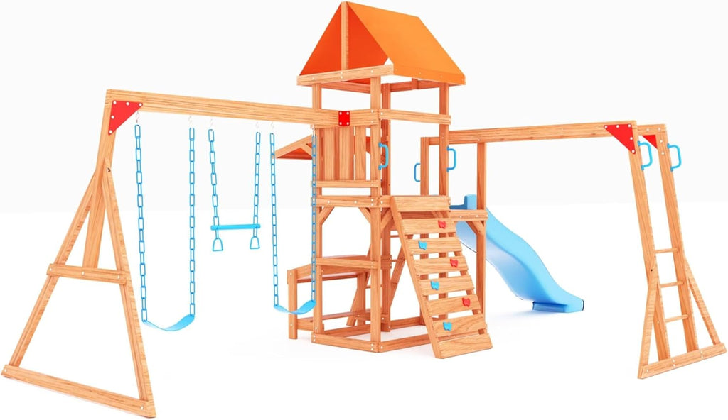 Wooden Playground Swing Sets with Monkey Bar, 8FT Wave Slide, 2 Belt Swings U817574