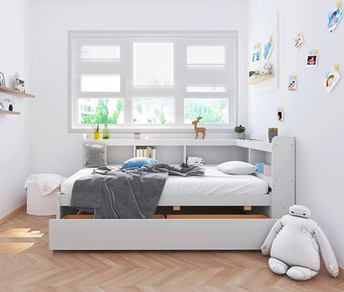 White Twin Size Wooden Bookcase Bed with Storage Drawers W98649