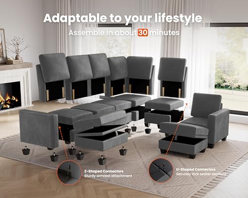 Modular Sectional Couch Corduroy L Shaped Sleeper Sofa with Storage Ottoman J7130